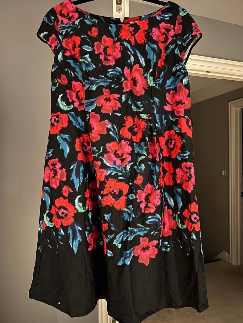 Maternity Black Floral A-Line Dress with Red & Blue Flowers
